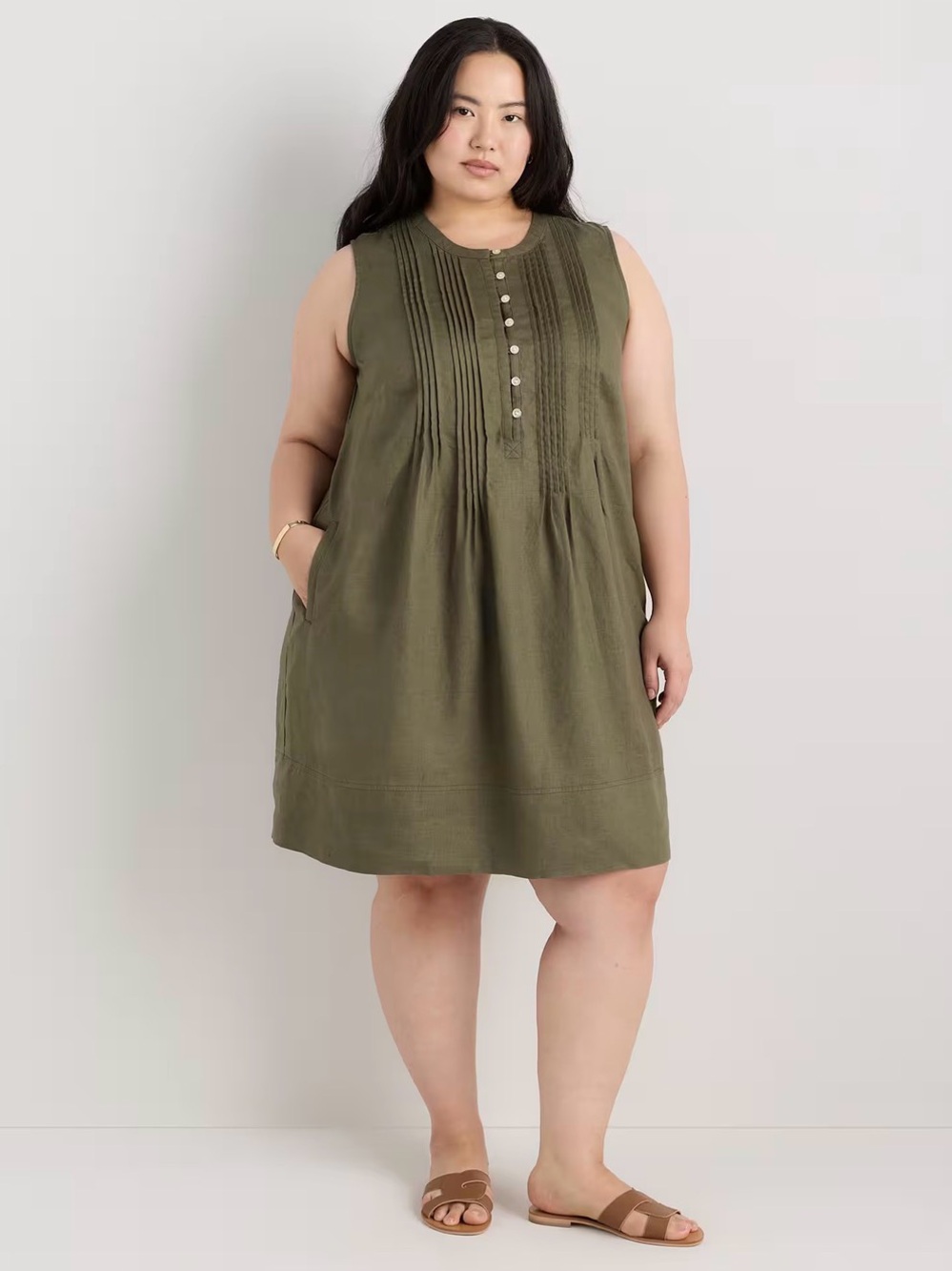 Quince 100% European Linen Sleeveless Swing Dress Olive 1X NWT